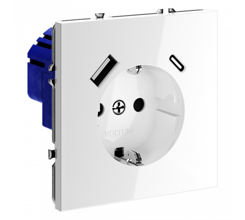 Розетка встраиваемая VOLTUM S70 с заземлением и защитными шторками, 16А, с USB, A+С, (белый глянцевы Розетка встраиваемая VOLTUM S70 с заземлением и защитными шторками, 16А, с USB, A+С, (белый глянцевы