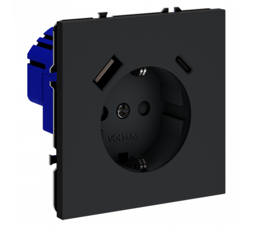Розетка встраиваемая VOLTUM S70 с заземлением и защитными шторками, 16А, с USB, A+С, (графит) Розетка встраиваемая VOLTUM S70 с заземлением и защитными шторками, 16А, с USB, A+С, (графит)
