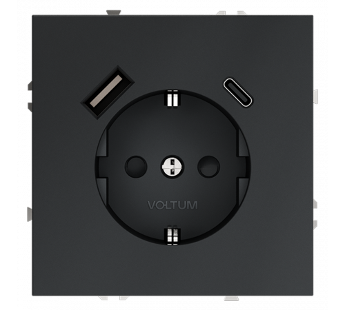 Розетка встраиваемая VOLTUM S70 с заземлением и защитными шторками, 16А, с USB, A+С, (графит) Розетка встраиваемая VOLTUM S70 с заземлением и защитными шторками, 16А, с USB, A+С, (графит)