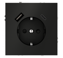 Розетка встраиваемая VOLTUM S70 с заземлением и защитными шторками, 16А, с USB, A+С, (черный матовый