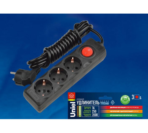 Удлинитель (UL-00003608) Uniel 2гн х 3м с/з Standard S-GCD3-3B Black Удлинитель (UL-00003608) Uniel 2гн х 3м с/з Standard S-GCD3-3B Black