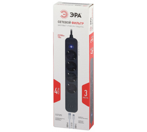 Сетевой фильтр Эра USF-4es-3m-2xUSBAC-B Б0059574