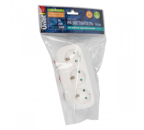 Разветвитель сетевой с выключателем Uniel S-GES3-16OB WHITE UL-00011239