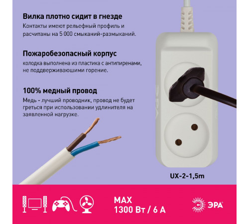 Удлинитель электрический Эра UX-2-1,5m Б0038557 Удлинитель электрический Эра UX-2-1,5m Б0038557