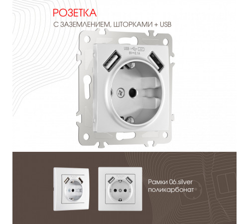 Розетка с заземлением, шторками + 2 USB Arte Milano 206.47-1.silver Розетка с заземлением, шторками + 2 USB Arte Milano 206.47-1.silver