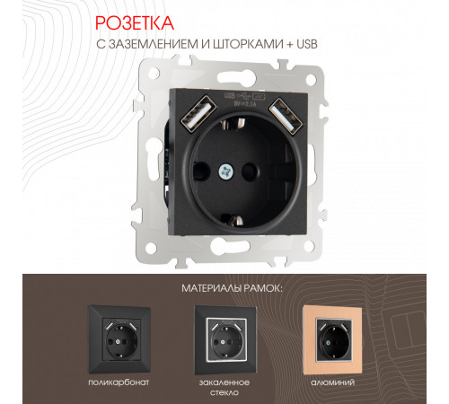 Розетка с заземлением, шторками + USB Arte Milano 203.47-1.black Розетка с заземлением, шторками + USB Arte Milano 203.47-1.black