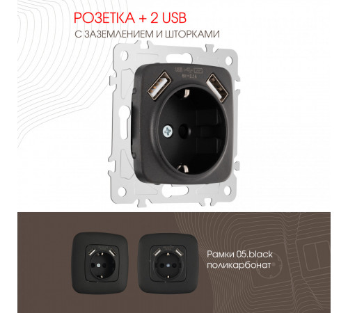Розетка с заземлением, шторками + 2 USB Arte Milano 205.47-1.black Розетка с заземлением, шторками + 2 USB Arte Milano 205.47-1.black