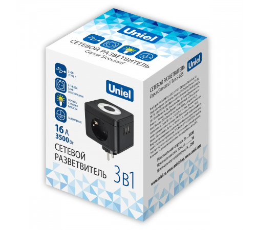 Разветвитель сетевой с выключателем Uniel S-GES2-16SBUC BLACK UL-00011246