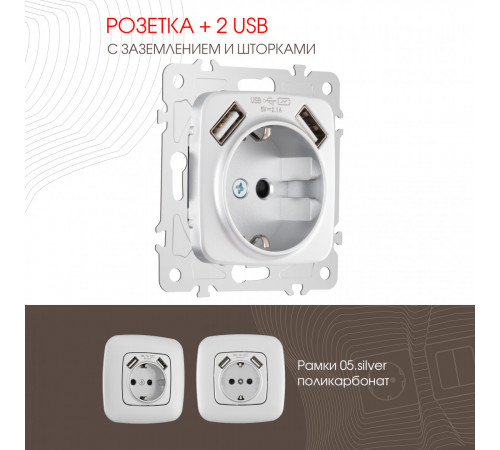 Розетка с заземлением, шторками + 2 USB Arte Milano 205.47-1.silver Розетка с заземлением, шторками + 2 USB Arte Milano 205.47-1.silver