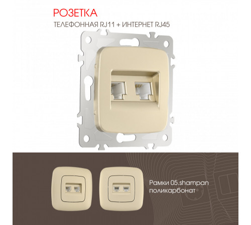 Розетка телефонная RJ11 + компьютерная RJ45 Arte Milano 205.44-1.shampan Розетка телефонная RJ11 + компьютерная RJ45 Arte Milano 205.44-1.shampan