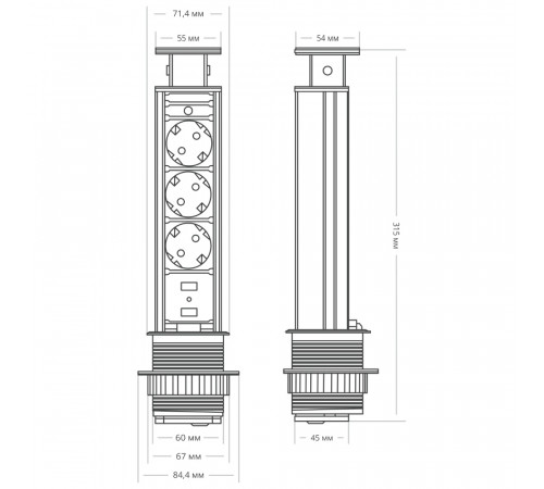Блок розеток 105S (3 секции и 2 USB) Mebax 00-00000825