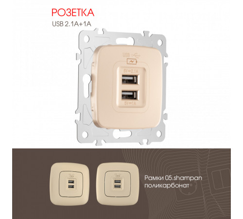 Розетка USB 2.1А+1А Arte Milano 205.46-1.shampan Розетка USB 2.1А+1А Arte Milano 205.46-1.shampan