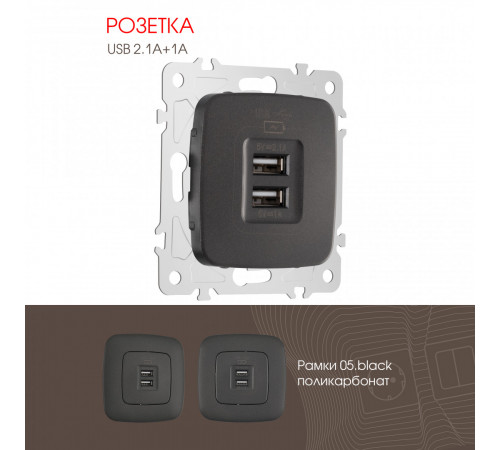 Розетка USB 2.1А+1А Arte Milano 205.46-1.black Розетка USB 2.1А+1А Arte Milano 205.46-1.black