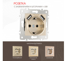 Розетка с заземлением, шторками + USB Arte Milano 203.47-1.shampan