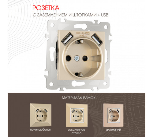 Розетка с заземлением, шторками + USB Arte Milano 203.47-1.shampan Розетка с заземлением, шторками + USB Arte Milano 203.47-1.shampan