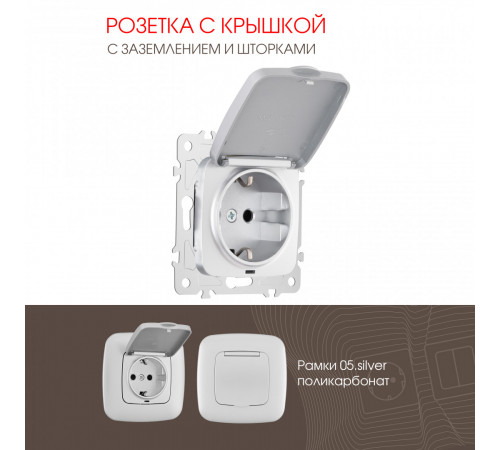 Розетка с заземлением, шторками и защитной крышкой Arte Milano 205.41-1.silver Розетка с заземлением, шторками и защитной крышкой Arte Milano 205.41-1.silver