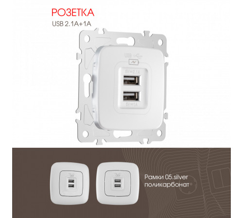Розетка USB 2.1А+1А Arte Milano 205.46-1.silver Розетка USB 2.1А+1А Arte Milano 205.46-1.silver