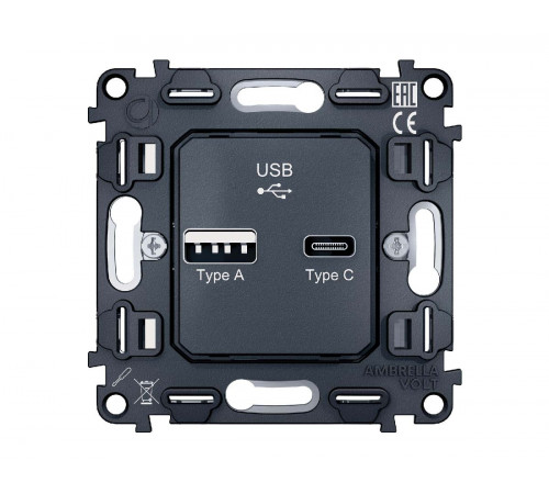 Механизм розетки 2USB A+C 20W (быстрая зарядка) Ambrella Volt Quant VM177 Механизм розетки 2USB A+C 20W (быстрая зарядка) Ambrella Volt Quant VM177