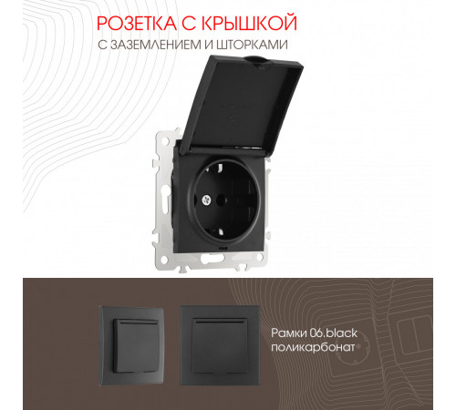 Розетка с заземлением, шторками и защитной крышкой Arte Milano 206.41-1.black Розетка с заземлением, шторками и защитной крышкой Arte Milano 206.41-1.black