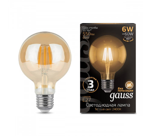 Лампа светодиодная филаментная Gauss E27 6W 2400K прозрачная 105802006 Лампа светодиодная филаментная Gauss E27 6W 2400K прозрачная 105802006