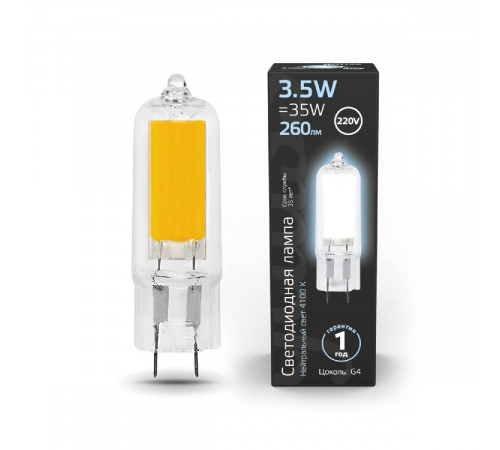 Лампа светодиодная Gauss G4 3.5W 4100K прозрачная 107807203 Лампа светодиодная Gauss G4 3.5W 4100K прозрачная 107807203