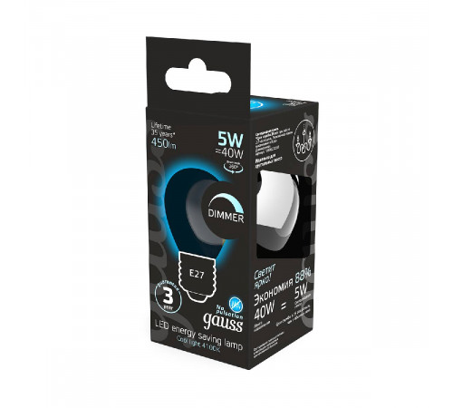 Лампа светодиодная диммируемая Gauss филаментная E27 5W 4100К прозрачная 105802205-D