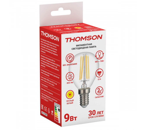 Лампа светодиодная филаментная Thomson E14 9W 2700K шар прозрачный TH-B2085 Лампа светодиодная филаментная Thomson E14 9W 2700K шар прозрачный TH-B2085