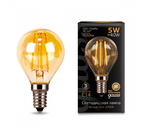 Лампа светодиодная филаментная Gauss E14 5W 2700К золотая 105801005 Лампа светодиодная филаментная Gauss E14 5W 2700К золотая 105801005