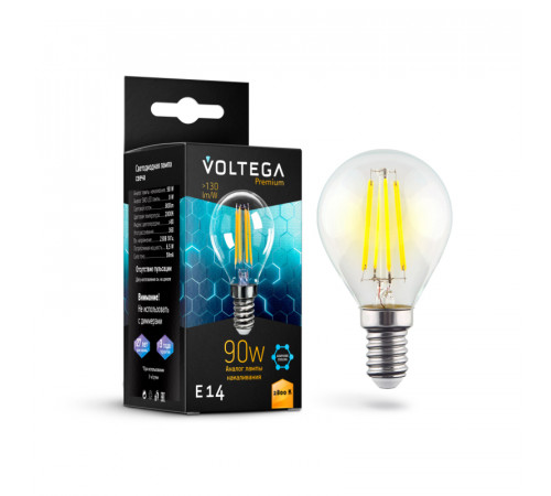 Лампа светодиодная филаментная Voltega E14 7W 2800K шар прозрачный VG10-G45E14warm9W-F 7136 Лампа светодиодная филаментная Voltega E14 7W 2800K шар прозрачный VG10-G45E14warm9W-F 7136