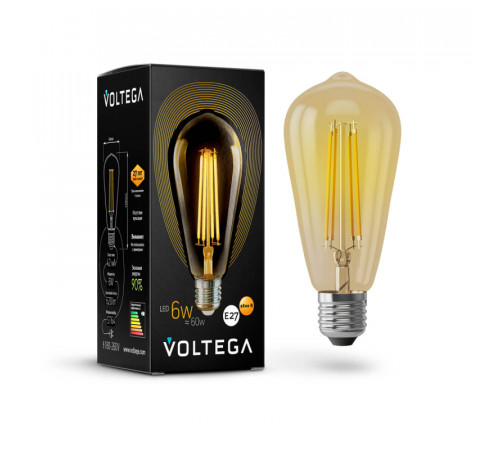 Лампа светодиодная филаментная Voltega E27 6W 2800К золотая VG10-ST64Gwarm6W 5526 Лампа светодиодная филаментная Voltega E27 6W 2800К золотая VG10-ST64Gwarm6W 5526