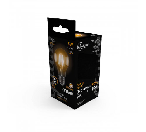 Лампа светодиодная филаментная Gauss E27 6W 2700К прозрачная 1/10/50 102802106