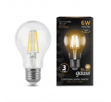 Лампа светодиодная филаментная Gauss E27 6W 2700К прозрачная 1/10/50 102802106