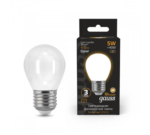 Лампа светодиодная филаментная Gauss E27 5W 2700К матовая 105202105 Лампа светодиодная филаментная Gauss E27 5W 2700К матовая 105202105