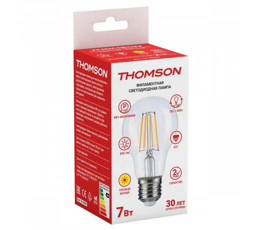 Лампа светодиодная филаментная Thomson E27 7W 2700K груша прозрачная TH-B2059 Лампа светодиодная филаментная Thomson E27 7W 2700K груша прозрачная TH-B2059