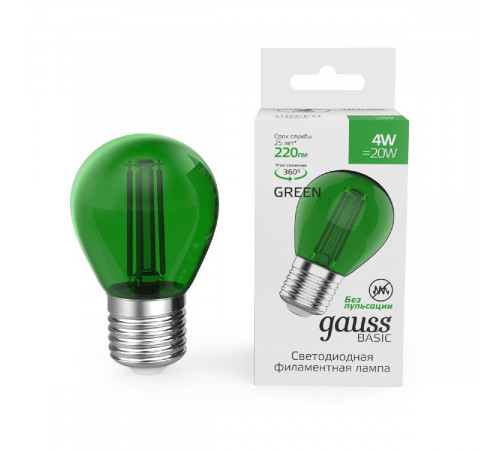 Светодиодная филаментная лампа Gauss Basic Filament E27 4W green 10512042-G Светодиодная филаментная лампа Gauss Basic Filament E27 4W green 10512042-G