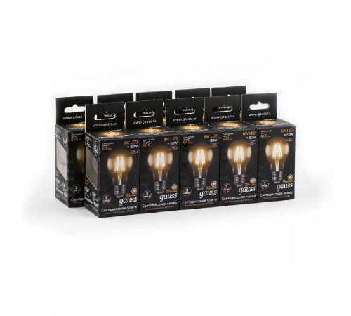 Лампа светодиодная филаментная Gauss E27 6W 2700К прозрачная 1/10/50 102802106