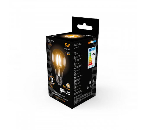 Лампа светодиодная филаментная Gauss E27 6W 2700К прозрачная 1/10/50 102802106