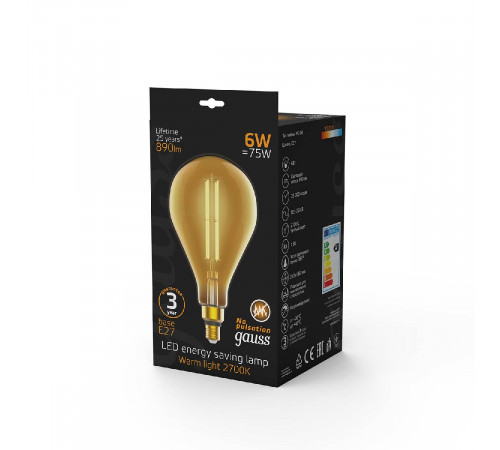 Лампа светодиодная филаментная Gauss E27 6W 2700K груша янтарная 179802118