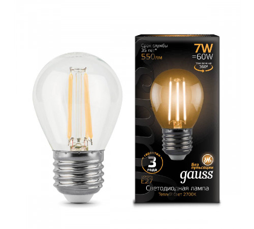 Лампа светодиодная филаментная Gauss E27 7W 2700К прозрачная 105802107 Лампа светодиодная филаментная Gauss E27 7W 2700К прозрачная 105802107