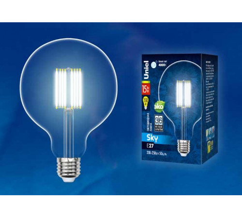 Лампа светодиодная филаментная (UL-00004860) Uniel E27 15W 3000K прозрачная LED-G125-15W/3000K/E27/CL PLS02WH Лампа светодиодная филаментная (UL-00004860) Uniel E27 15W 3000K прозрачная LED-G125-15W/3000K/E27/CL PLS02WH