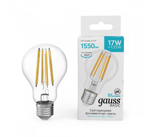 Светодиодная филаментная лампа Gauss Basic Filament E27 17W 4100K 10212272