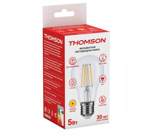 Лампа светодиодная филаментная Thomson E27 5W 2700K груша прозрачная TH-B2057 Лампа светодиодная филаментная Thomson E27 5W 2700K груша прозрачная TH-B2057