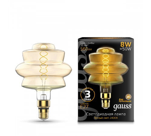 Лампа светодиодная филаментная диммируемая Gauss E27 8W 2400K золотая 161802008 Лампа светодиодная филаментная диммируемая Gauss E27 8W 2400K золотая 161802008