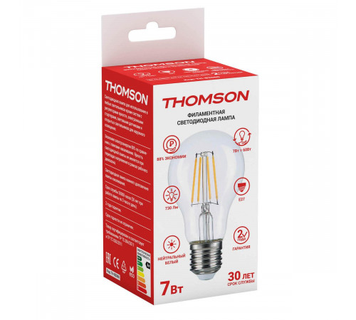 Лампа светодиодная филаментная Thomson E27 7W 4500K груша прозрачная TH-B2060 Лампа светодиодная филаментная Thomson E27 7W 4500K груша прозрачная TH-B2060