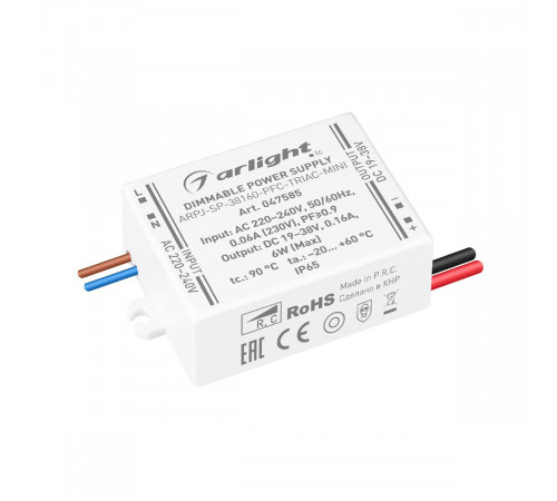 Блок питания Arlight ARPJ-SP-38160-PFC-TRIAC-MINI (6W, 19-38V, 160mA) 047585 Блок питания Arlight ARPJ-SP-38160-PFC-TRIAC-MINI (6W, 19-38V, 160mA) 047585