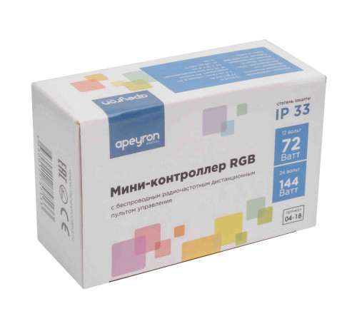 Мини-контроллер RGB Apeyron 12/24В 72/144Вт 3 канала*2 А RF пульт 04-18 Мини-контроллер RGB Apeyron 12/24В 72/144Вт 3 канала*2 А RF пульт 04-18