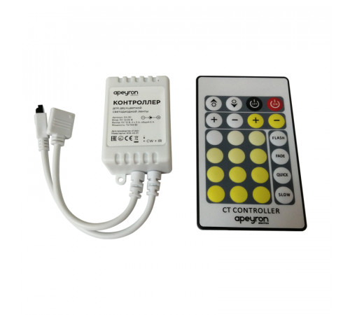 Контроллер для двухцветной светодиодной лентой Apeyron 12-24В 72Вт 2*3A/канал, IP20 пульт, DC-коннектор для входа, 4-игольчатый коннектор для выхода 04-30