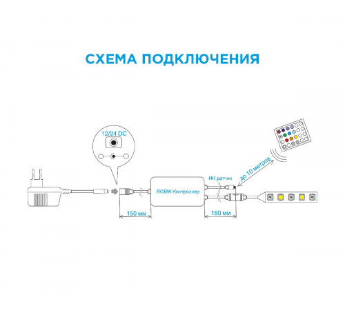 Контроллер для светодиодной ленты RGBW Apeyron 72Вт 12-24В 4*15A/канал IP20 пульт, DC-коннектор для входа, 5-игольчатый коннектор для выхода 04-29