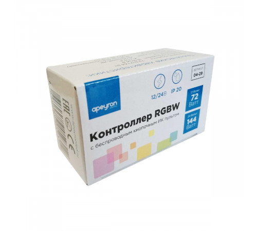 Контроллер для светодиодной ленты RGBW Apeyron 72Вт 12-24В 4*15A/канал IP20 пульт, DC-коннектор для входа, 5-игольчатый коннектор для выхода 04-29