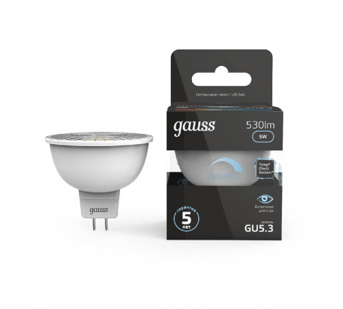 Лампа cветодиодная диммируемая Gauss GU5.3 5W 4100K матовая 101505205-D Лампа cветодиодная диммируемая Gauss GU5.3 5W 4100K матовая 101505205-D